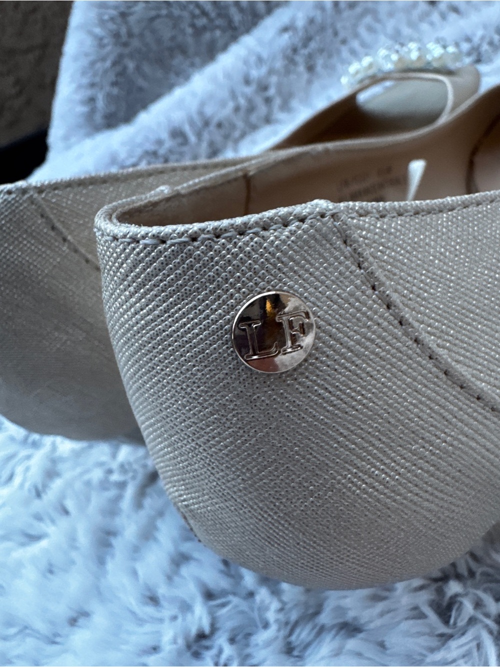 London Fog Champagne Pearl & Crystal Peep-Toe Flats - Picture 5 of 9